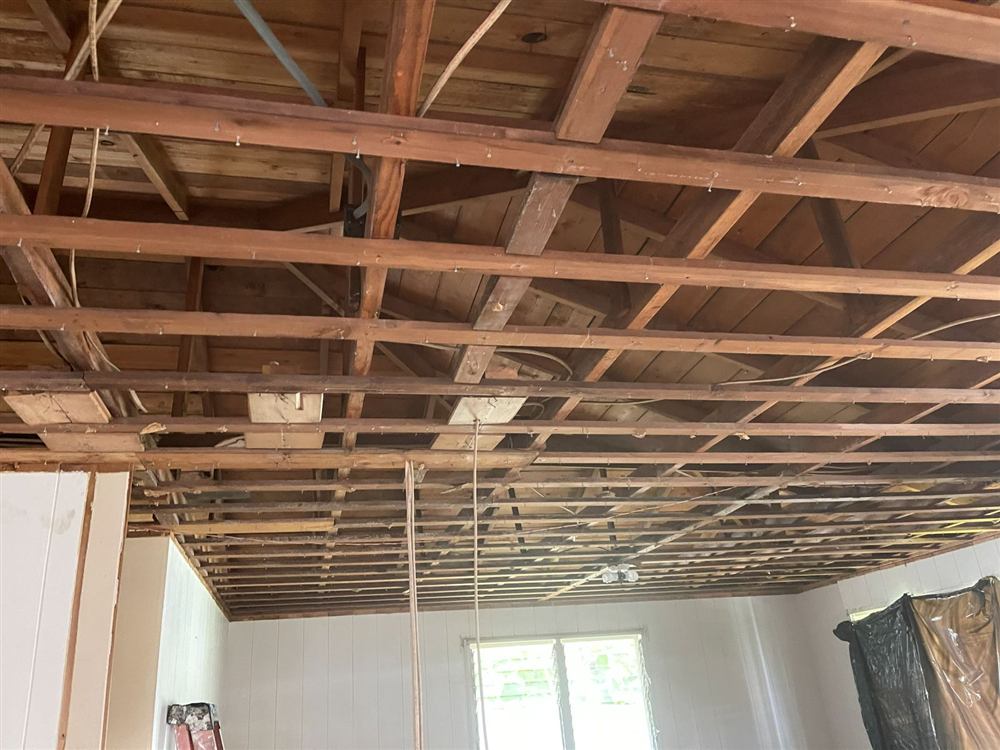 Open ceiling framing during a renovation